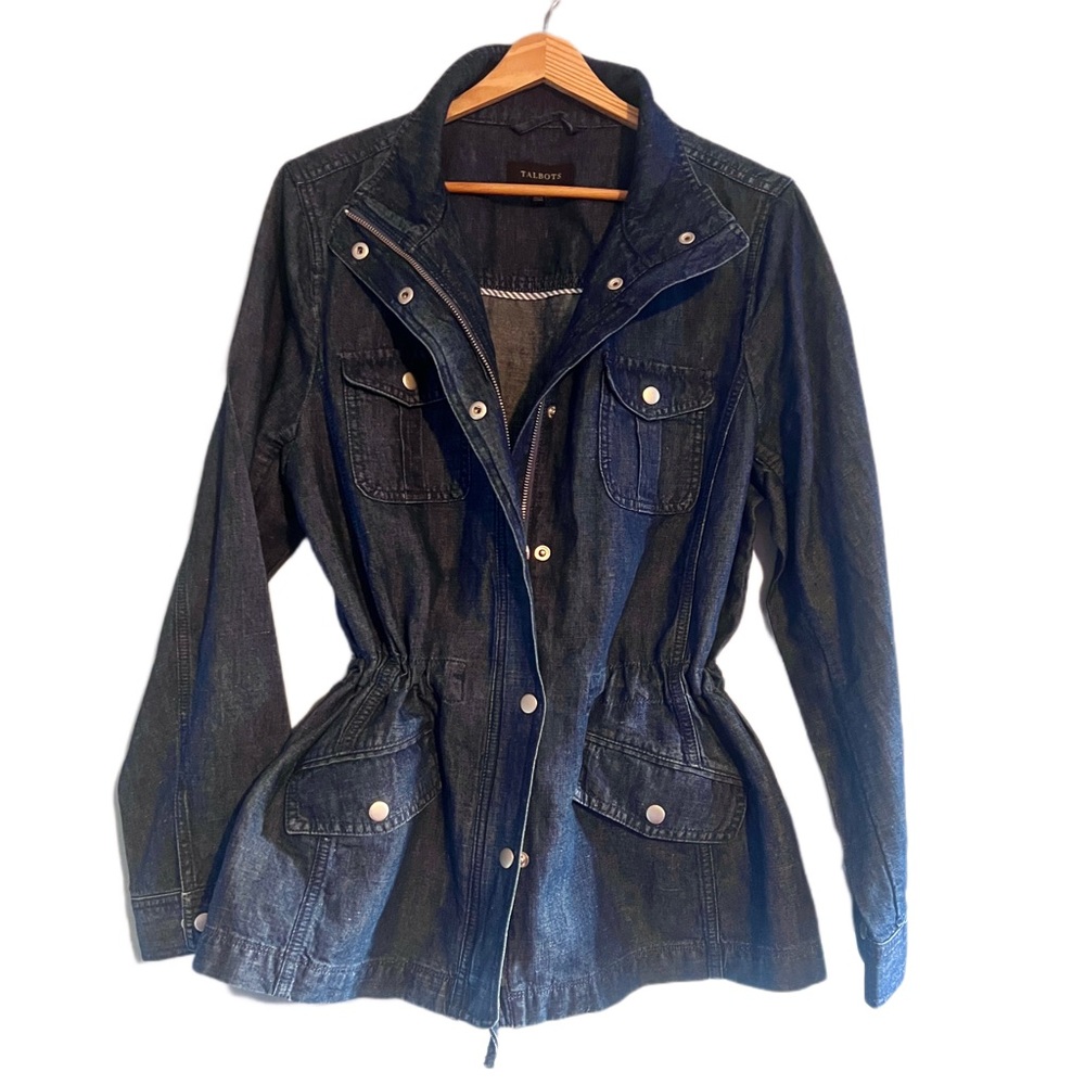 Talbots Womens Stretch Denim Blue Dark Wash Jacket Blazer Full Zip Casual Sz L